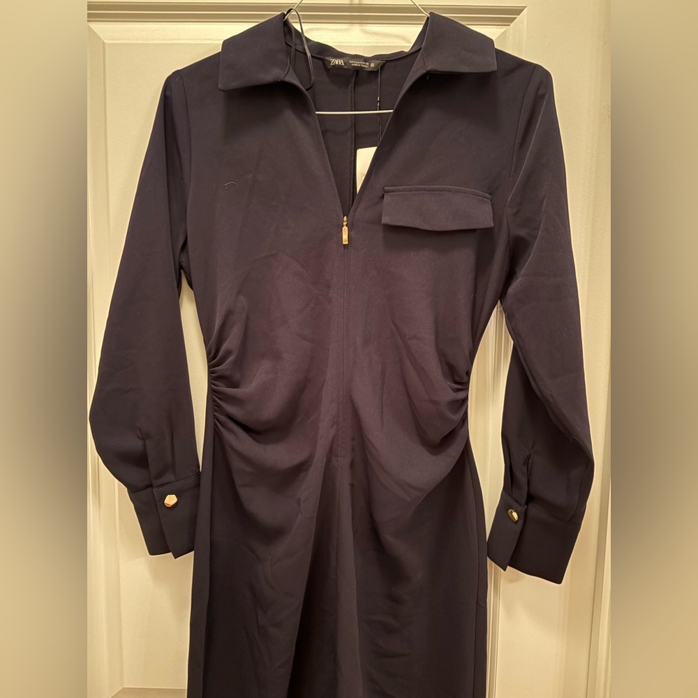 Zara Navy Zippered Shirt Midi Dress Size Small - Picture 7 of 15